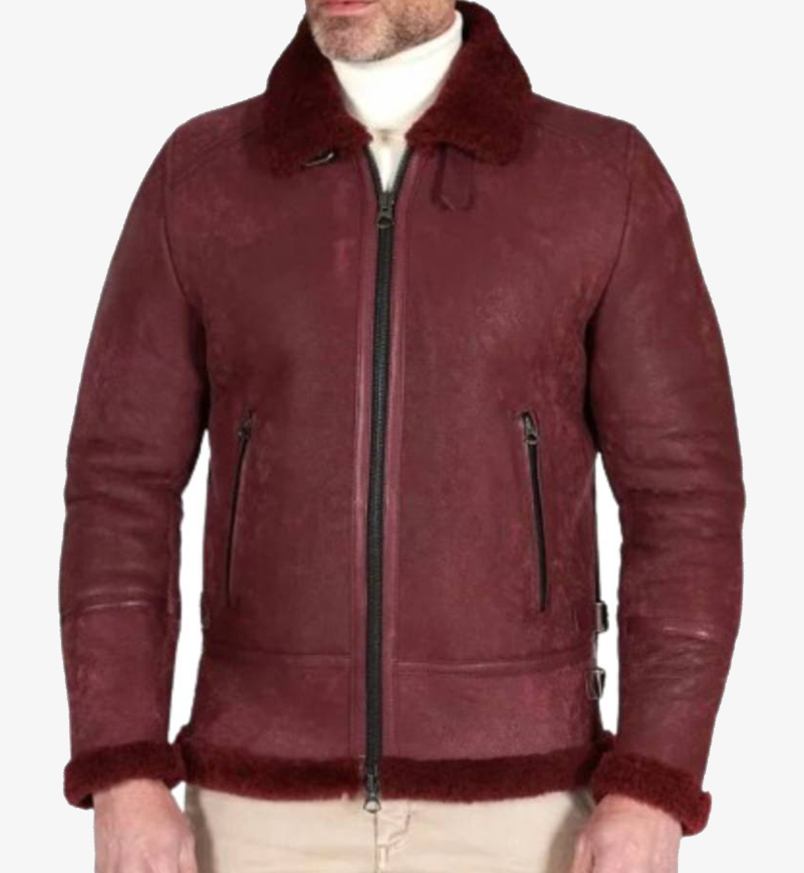 Bordeaux shearling buckle collar lamb leather biker jacket
