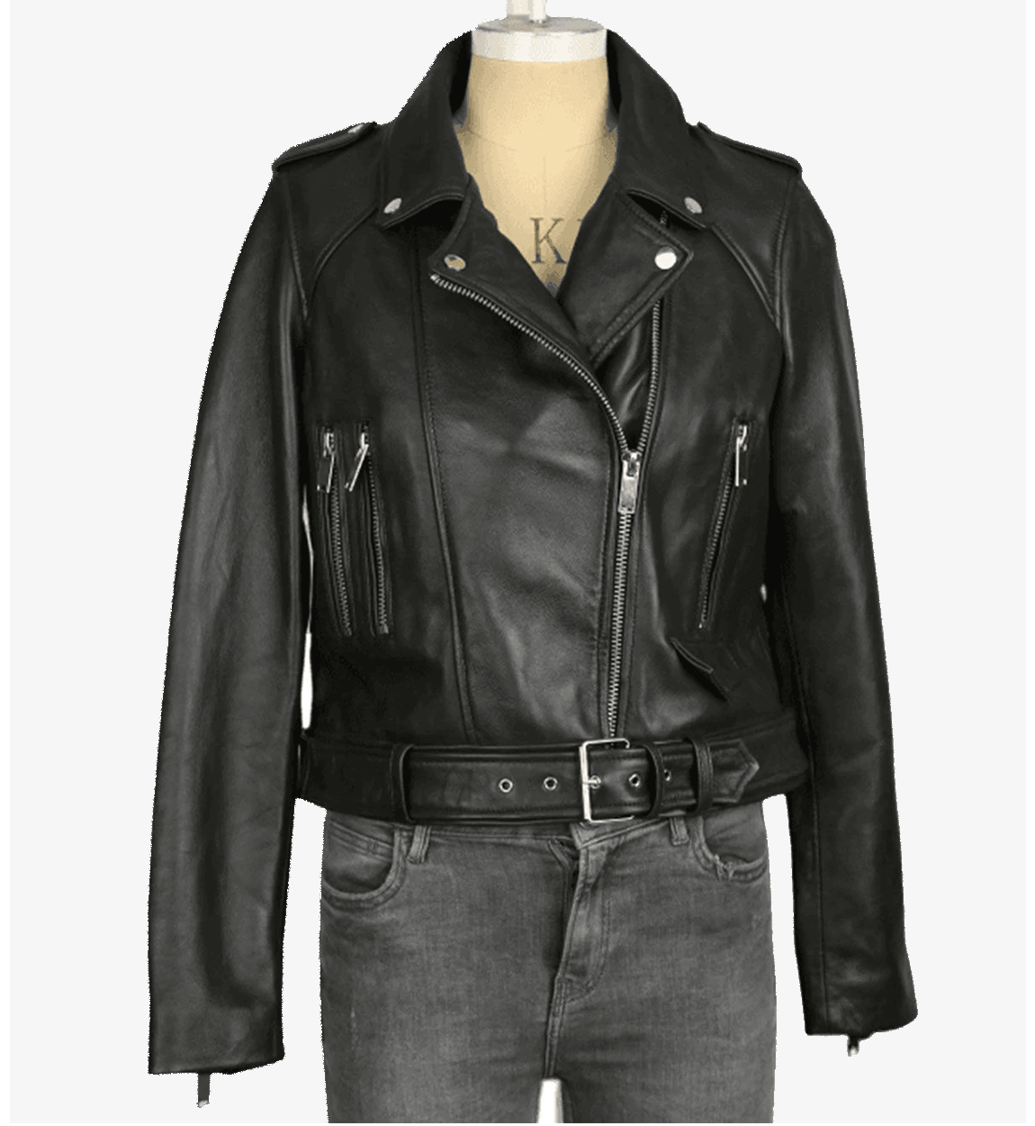 Aria Belted Original Black Biker Leather Jacket