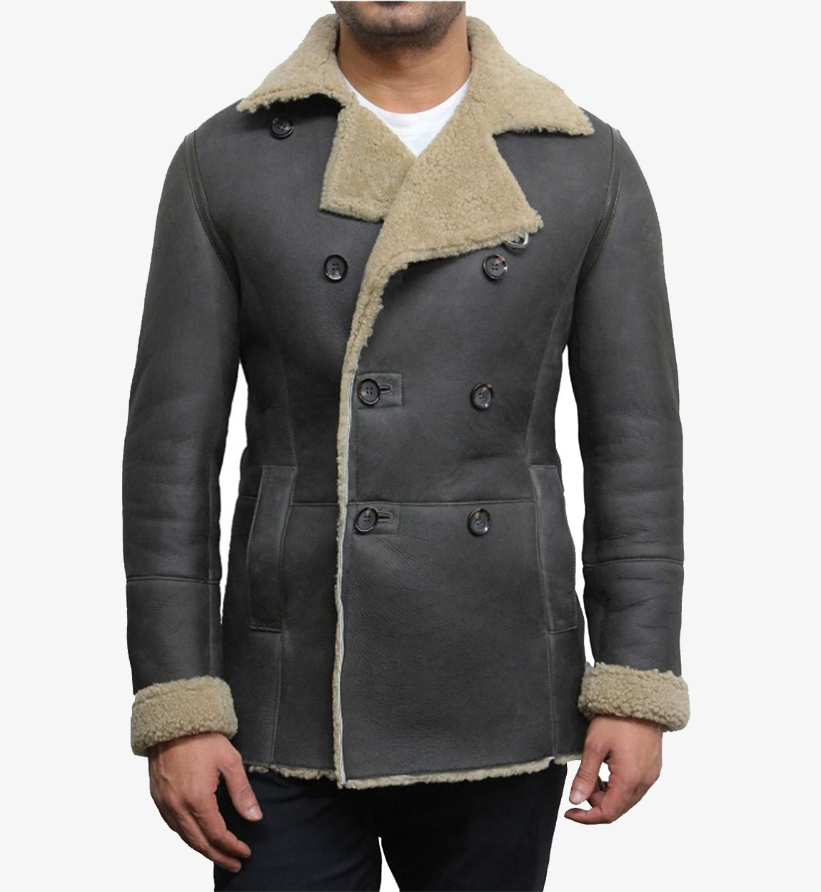 Double Breasted Men's Grey Leather Peacoat