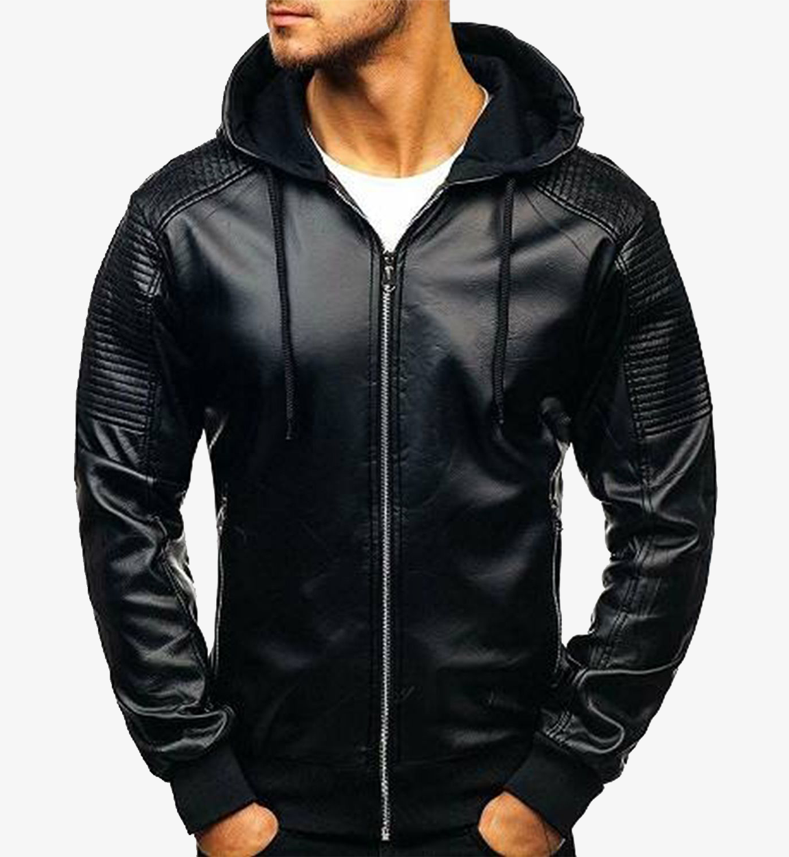 Men's Black Hooded Cafe Racer Leather Jacket