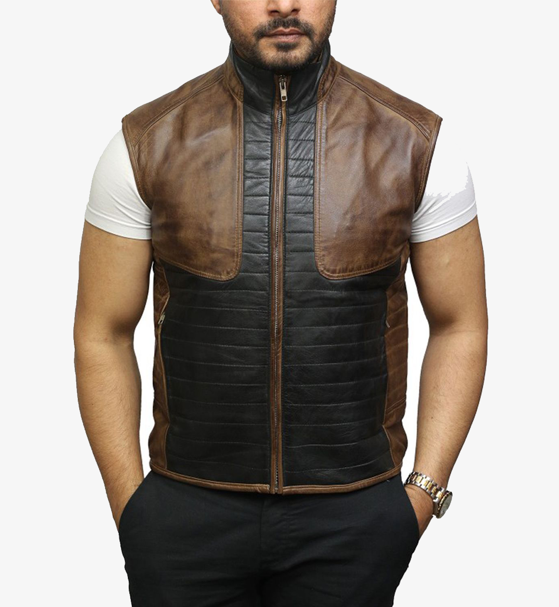 Men's Body Warmer Black and Brown Real Leather Vest
