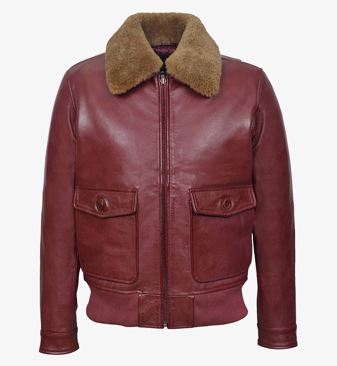 Men's Cherry Ginger Fur Collar Real Bomber Leather Jacket