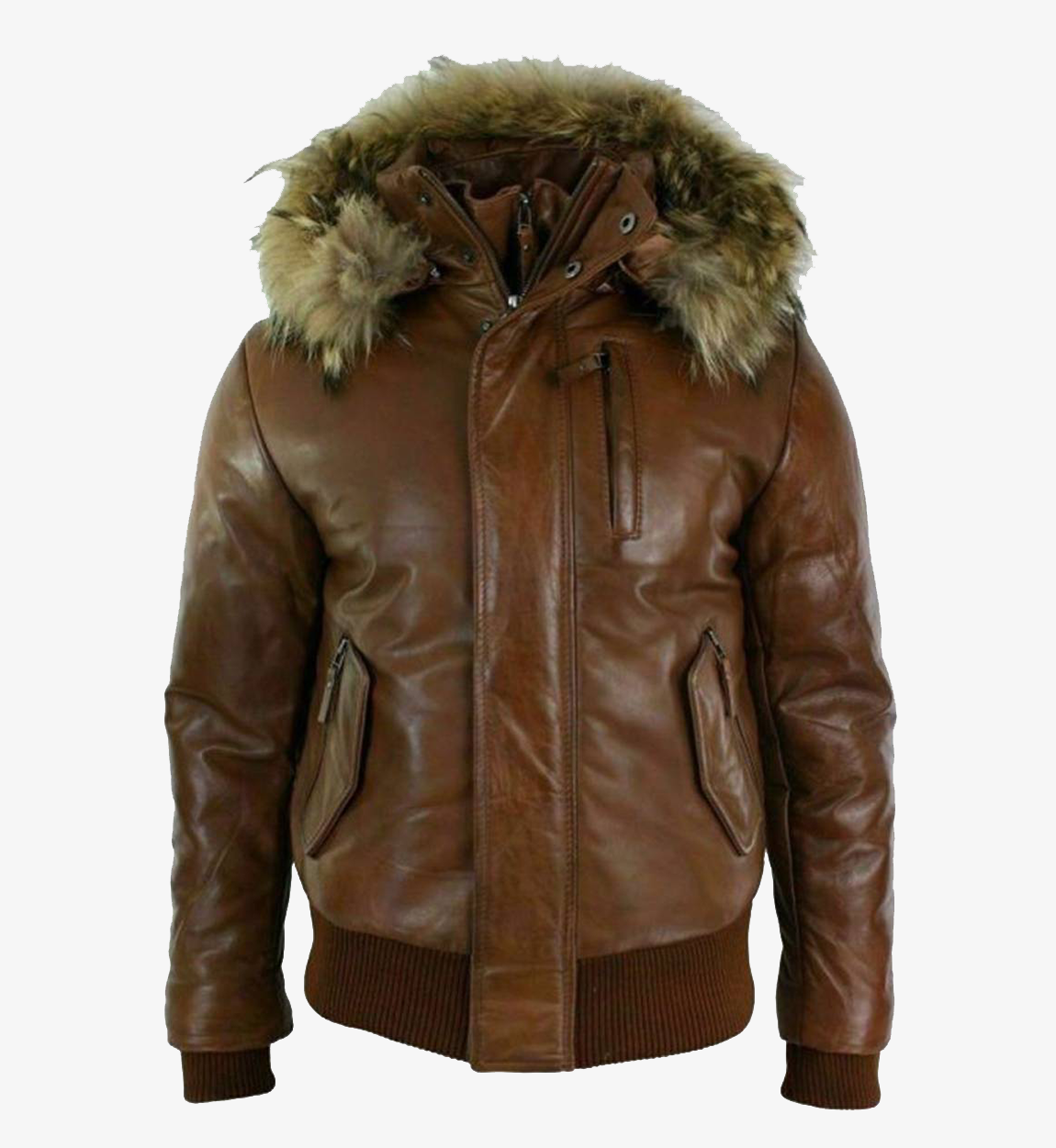 Men's Fur Hood Brown Puffer Padded Bomber Leather Jacket