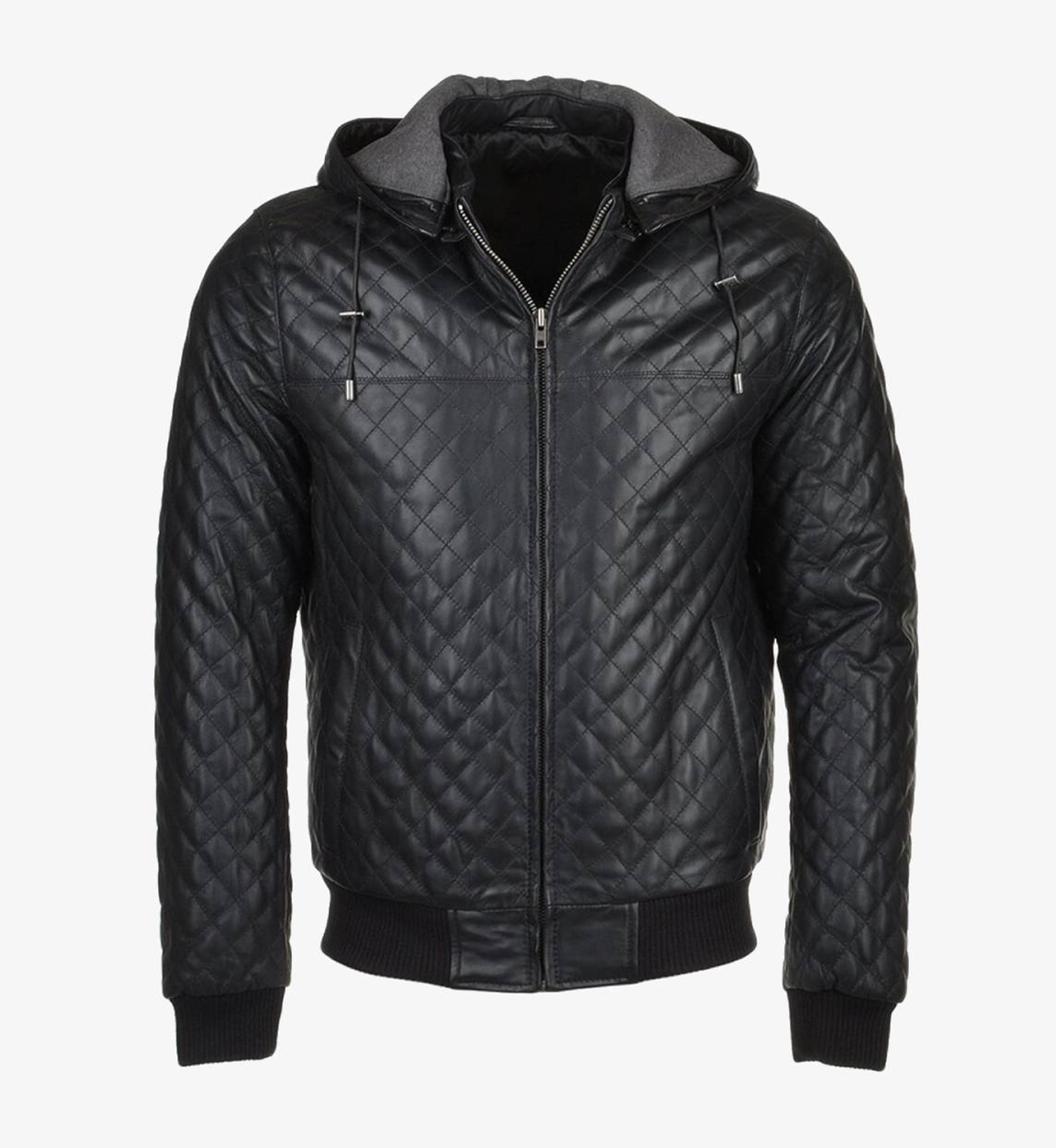 Men's Quilted Detachable Hooded Black Bomber Leather Jacket