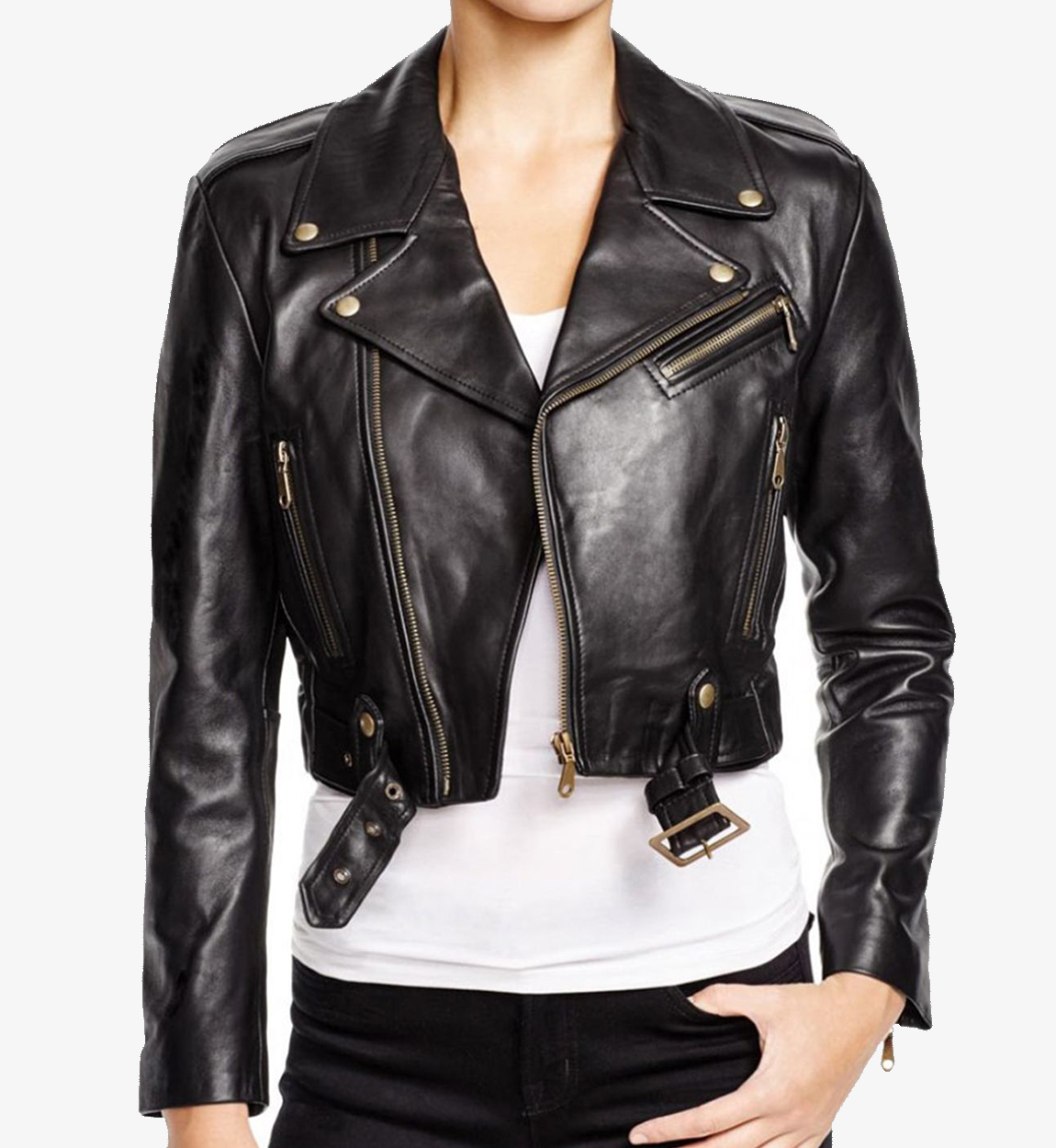 Women's Belted Black Cropped Short Leather Jacket