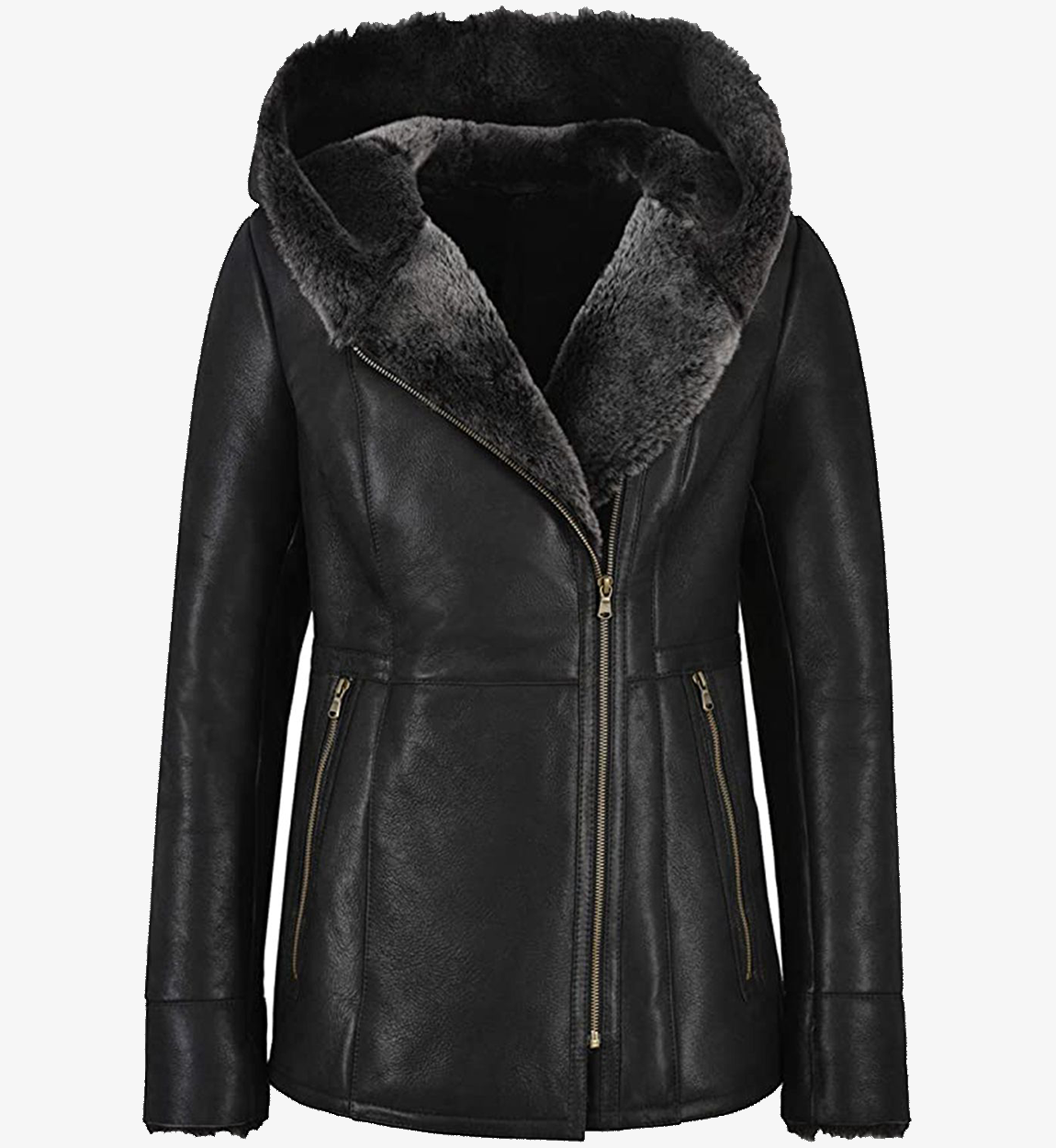 Women's Black Hooded Fur Shearling Long Leather Jacket