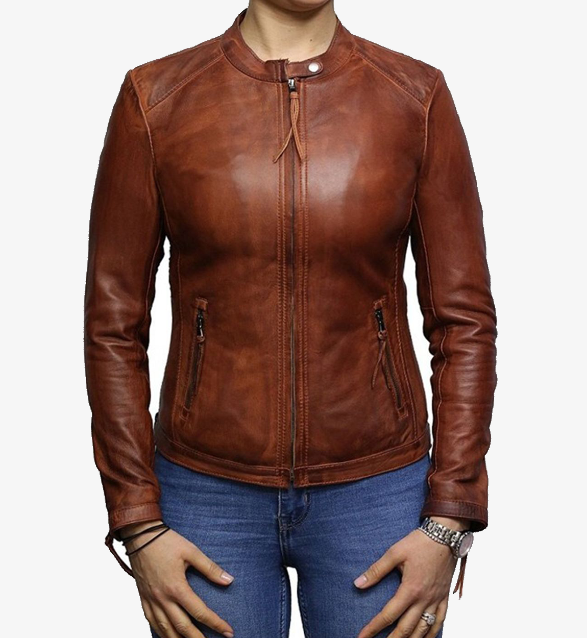 Women's Brown Waxed Real Sheepskin Biker Leather Jacket
