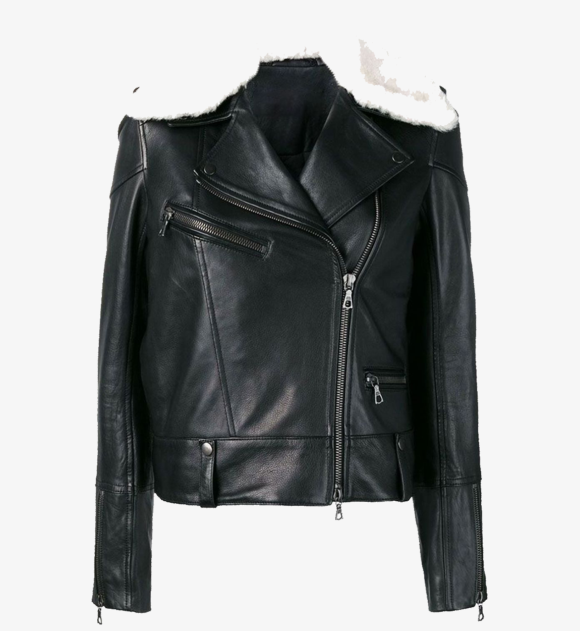 Women's Fur Collar Black Aviator Biker Leather Jacket