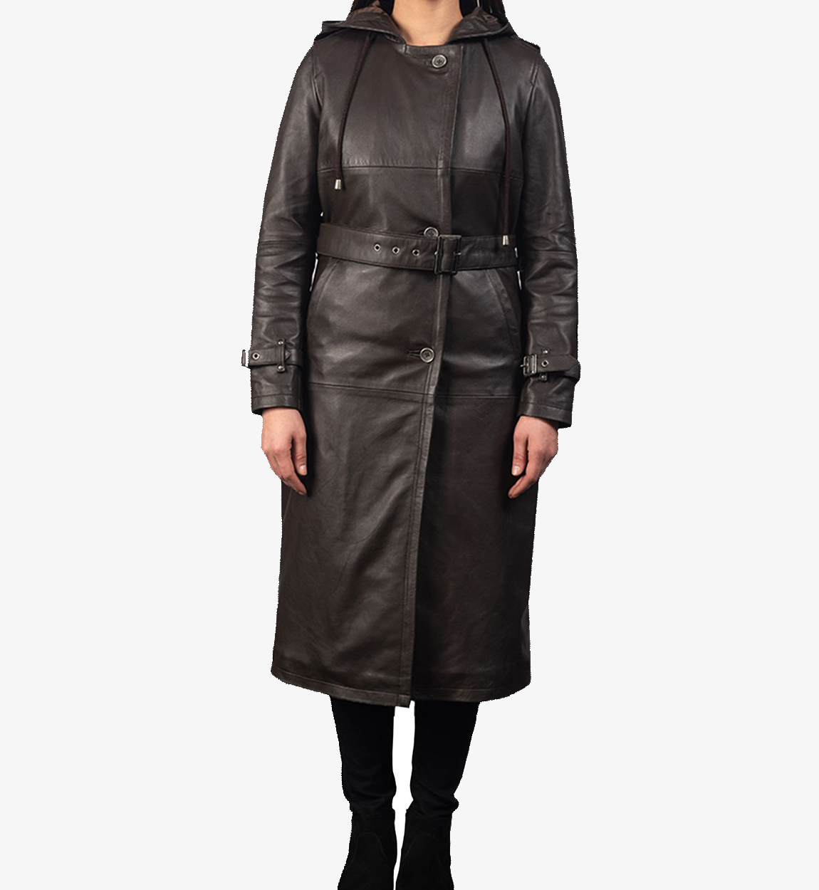 Women's Hooded Real Leather Long Trench Coat